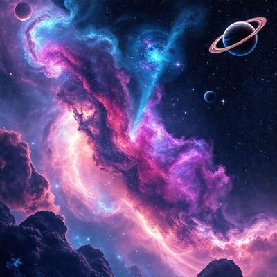 The primary subject of the image is a purple nebula with a pink and blue hue, surrounded by a black background. The visual style appears to be a digital art or illustration, creating a vibrant and colorful scene. The colors and mood of the image evoke a sense of wonder and exploration, as the nebula is depicted in a space setting with planets and other celestial bodies in the background.